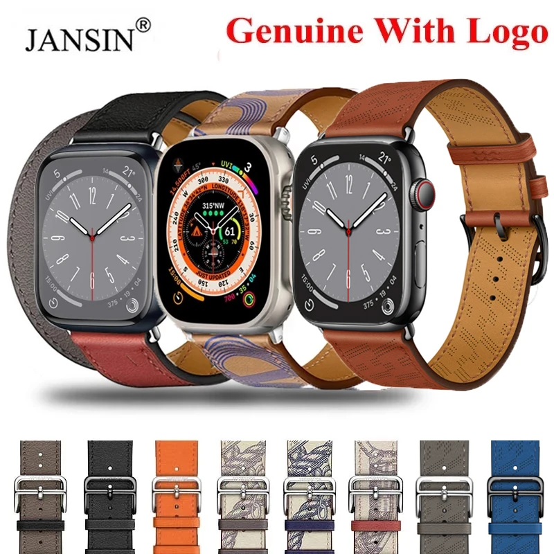 Genuine Leather With Logo Band For Apple Watch Series 8 7 Bracelet Leather Loop Strap For iWatch Ultra 49mm 40mm 44mm 41mm 45mm