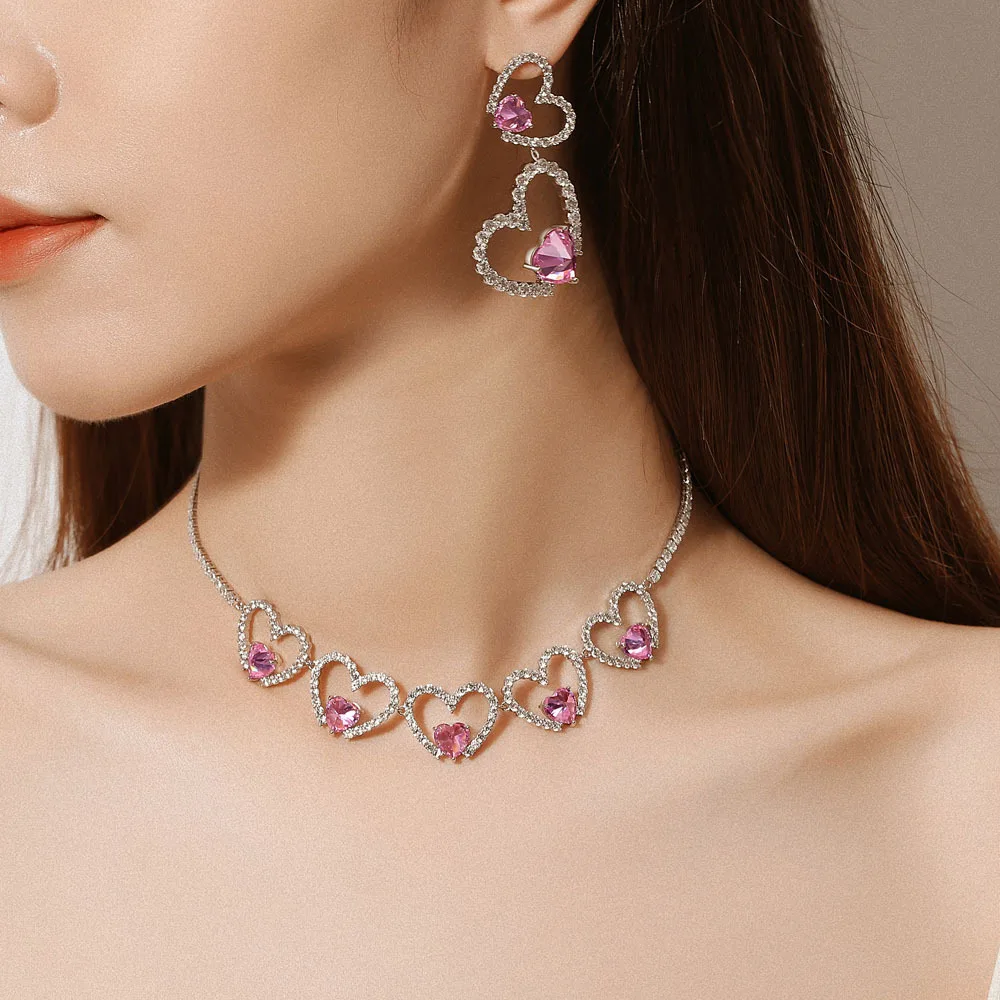 

Romantic Love Heart-shaped Pink Stone Prom Wedding Jewelry Sets For Women Accessories Earrings Chokers Necklaces Bridal Set