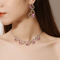 romantic love heart shaped pink stone prom wedding jewelry sets for women accessories earrings chokers necklaces bridal set