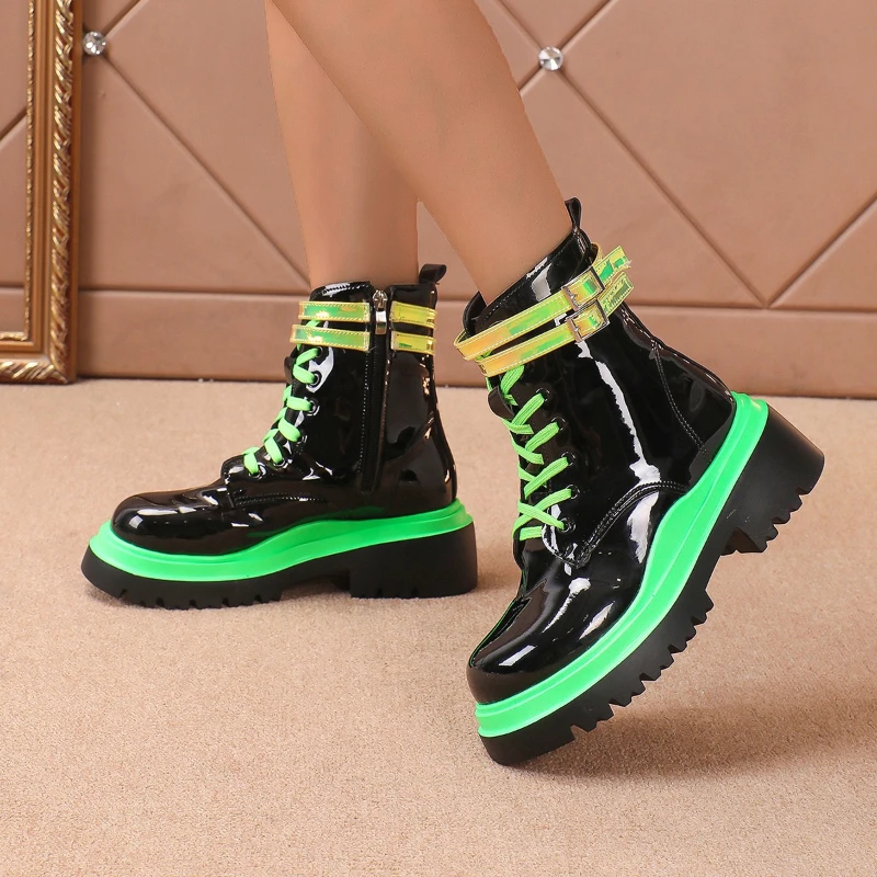 

High Appearance Level Temperament Thick Soled Front Lace-up Color Matching Belt Buckle All-match Non-slip Breathable Ankle Boots