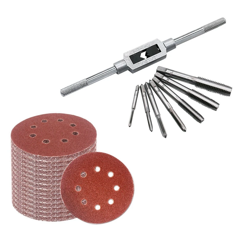 

8 Pcs Thread Metric Machine Wrench Hand Screw Thread Plug Taps Set With Adjustable Tap Wrench & 60 Pcs 5 Inch Sanding Discs Sand