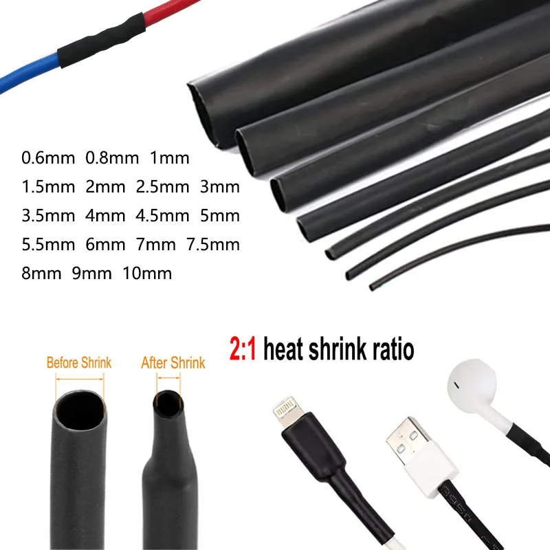 

10M 2:1 Black 0.6mm/1mm/2mm/3mm/4mm-9mm Diameter Heat Shrink Heatshrink Tubing Tube Sleeving Wrap Wire Sell DIY Connector Repair