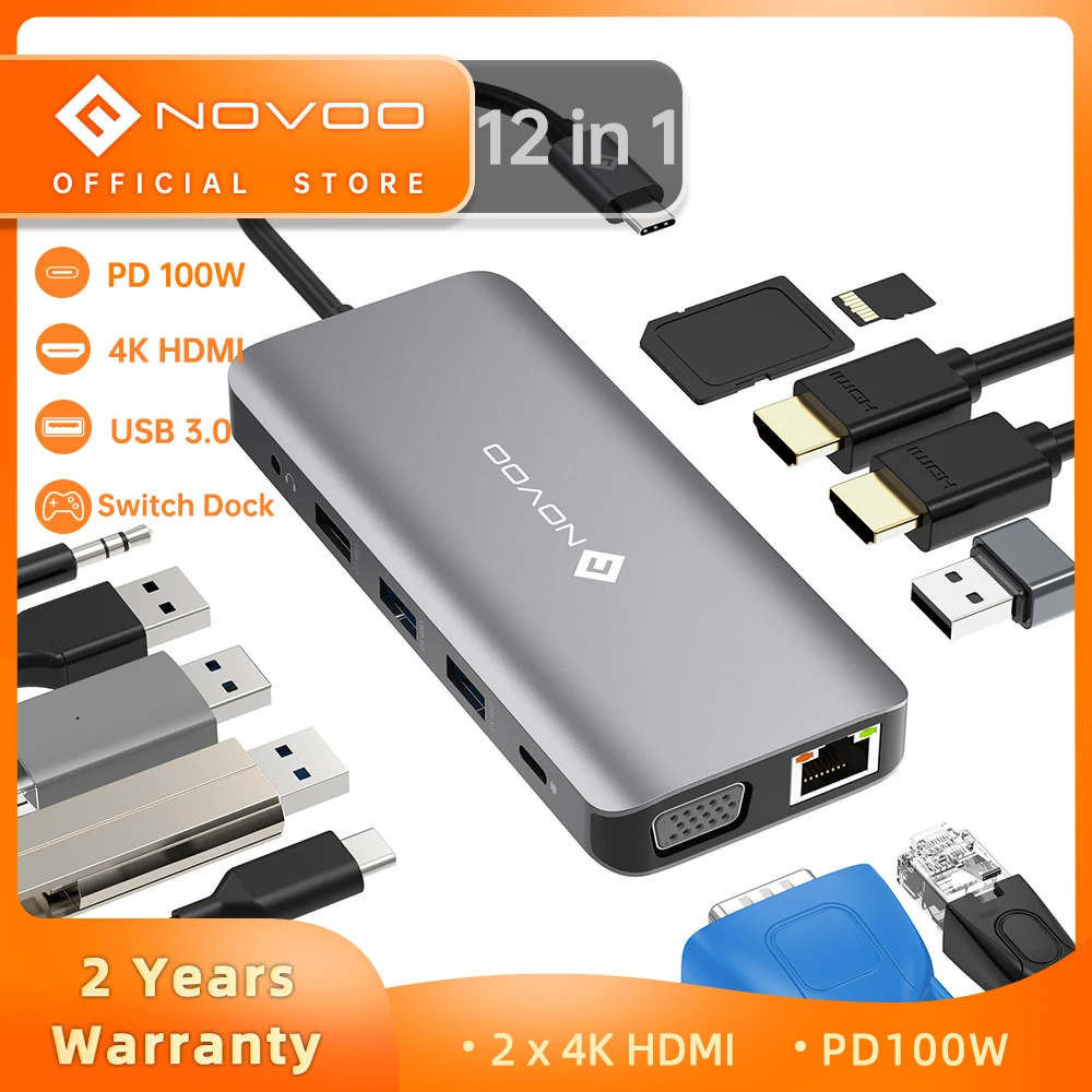 Док-станция NOVOO 12 в 1 Type C на два HDMI USB 3 0 PD 100 Вт