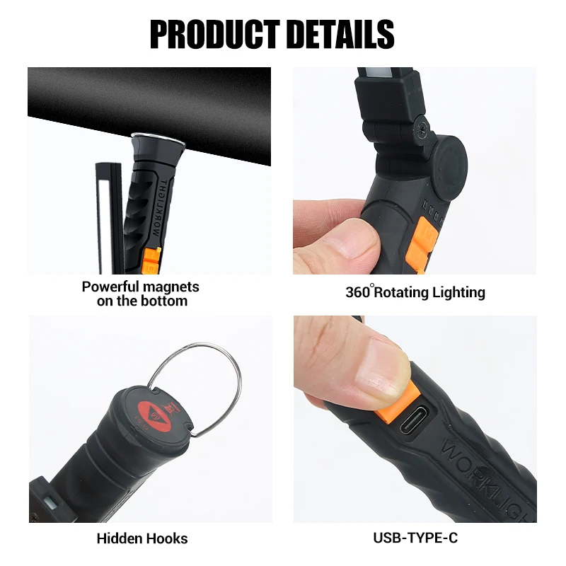 Портативный Перезаряжаемый Usb-фонарик Cob С Магнитом И Крючком 4 Режима Освещения