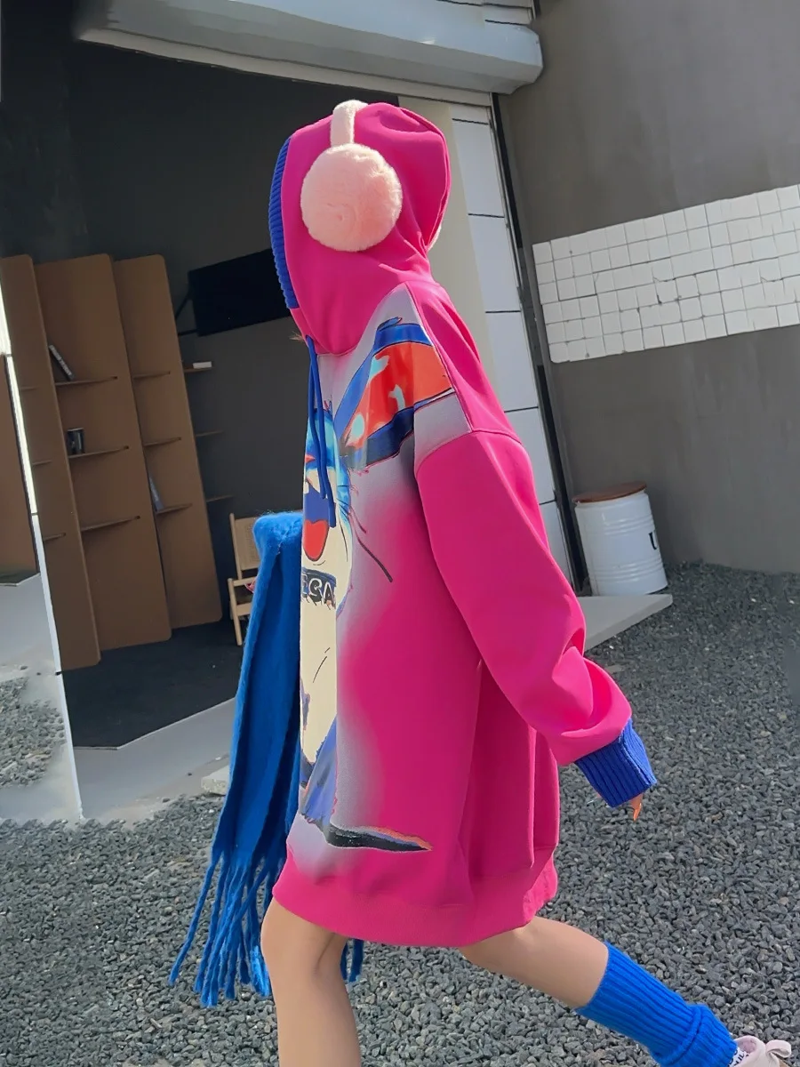 Длинный свитер с капюшоном большого размера рисунком кролика женские топы