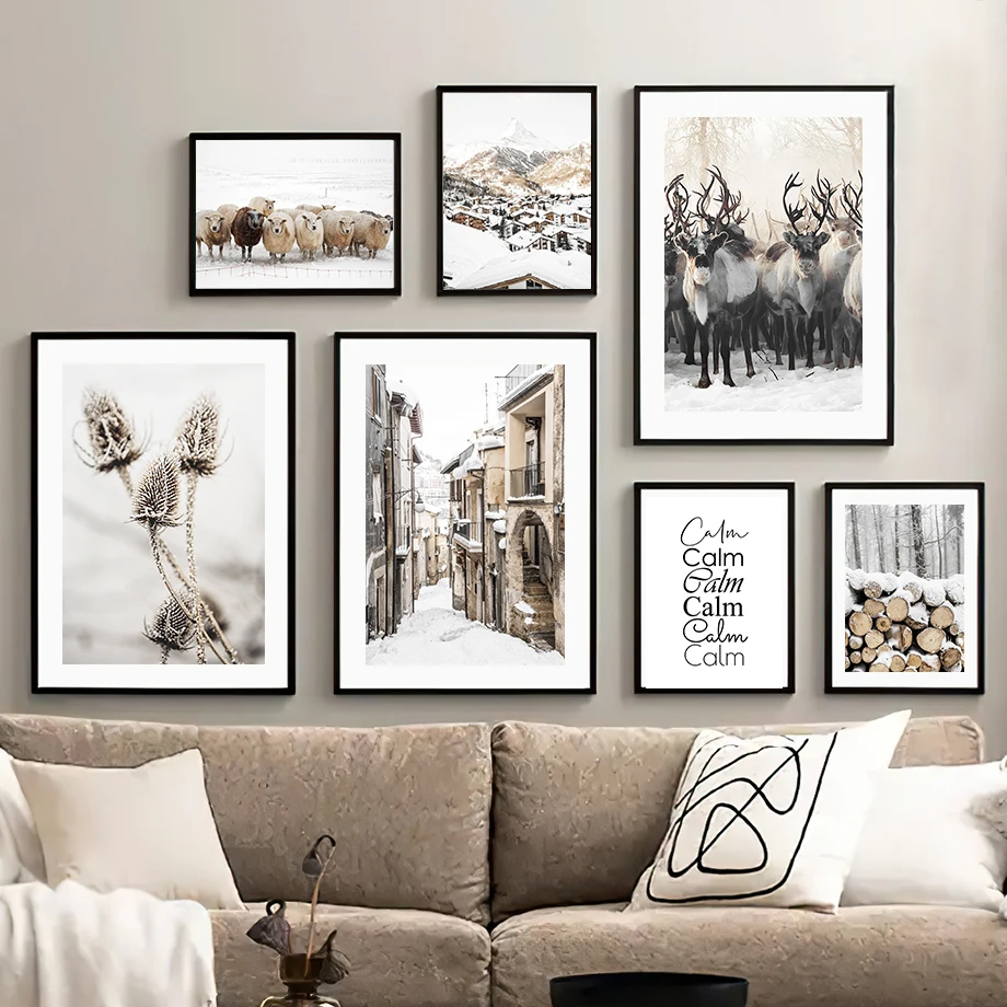 

White Snow Landscape Canvas Painting for Living Room Wood Flower Elk Sheep Posters and Prints Interior Home Decor Wall Pictures