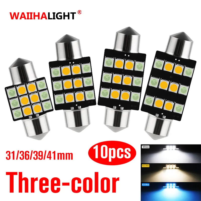 

10x 3 Colors in 1 C5W C10W LED Bulb 31mm 36mm 39mm 42mm Interior Reading Light Festoon Dome License Plate Luggage Trunk Lamp