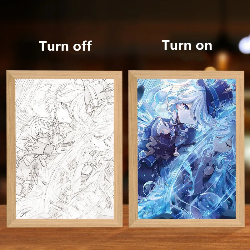 Genshin Impact Рисунок Светодиодная картина с рамкой Furina Hu Tao Wanderer Аниме Плакат