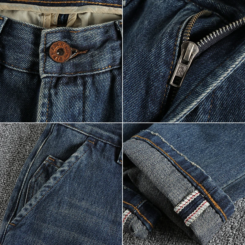 Heavy wash worn blue cotton denim jeans men, n retro trend loose straight tube youth long pants