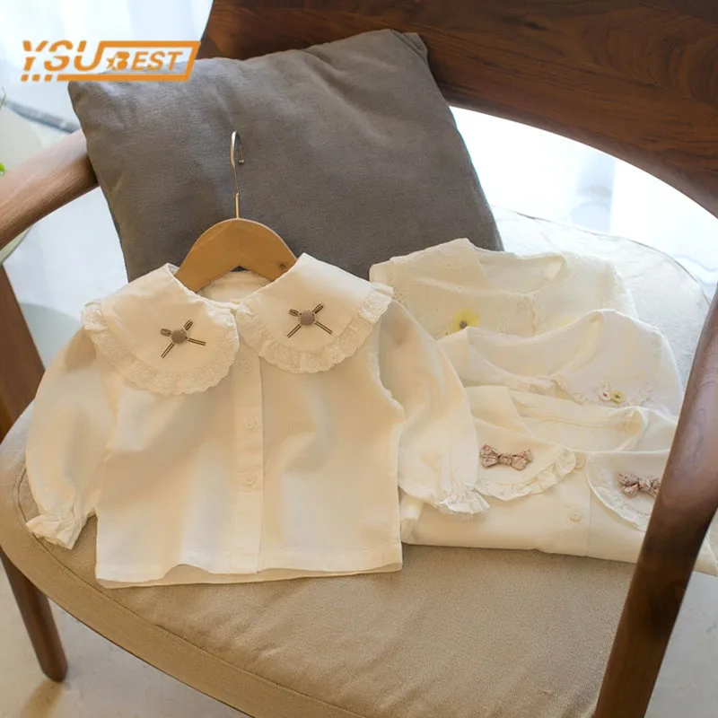 

Милая футболка с отложным воротником для маленьких девочек, Весенняя однотонная Детская футболка с длинным рукавом для девочек 1-5 лет, футб...