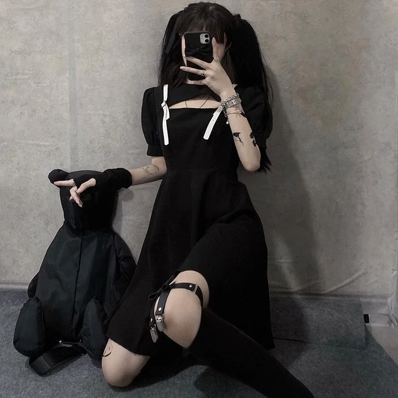 

Goth women fashion dress short sleeve hollow out slim pullover slim gothic style solid color ladies dress for summer 2023