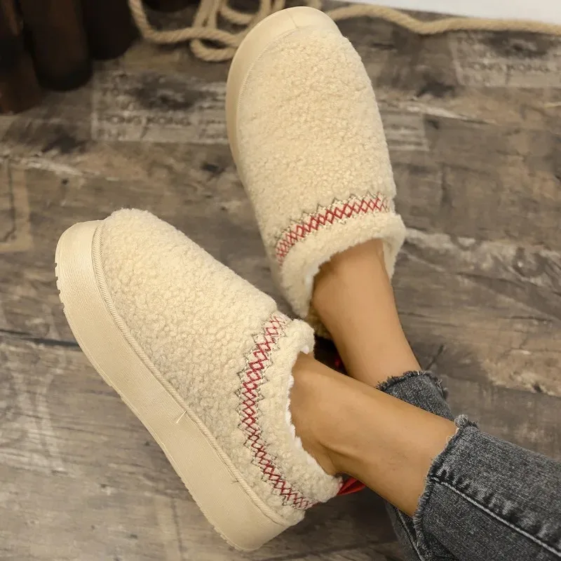Женские ботильоны на меху теплые плюшевые шлепанцы плоской платформе брендовые