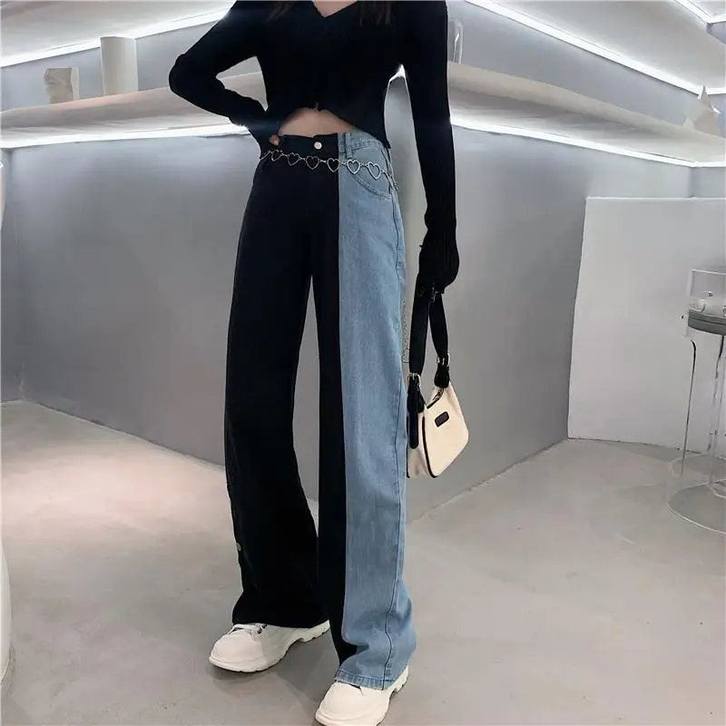 

SuperAen Washed Color Matching Jeans Women's 2022 New Loose Oversized High Waist Straight Tube Wide Leg Pants
