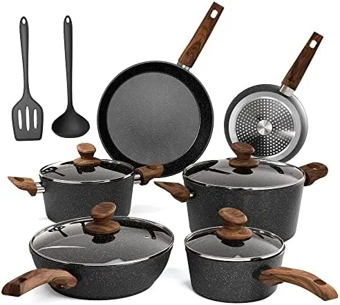 

Cookware Sets Nonstick, 12 Piece Pots and Pans Set Granite Cooking Set for Induction & Dishwasher Safe, Oven, Stovetop, Blac