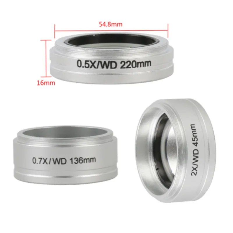 0.5X 0.7X 2X Auxiliary Objective for Trinocular Binocular Stereo zoom Microscope,WD45mm 136mm 220mm Objective Barlow Lens