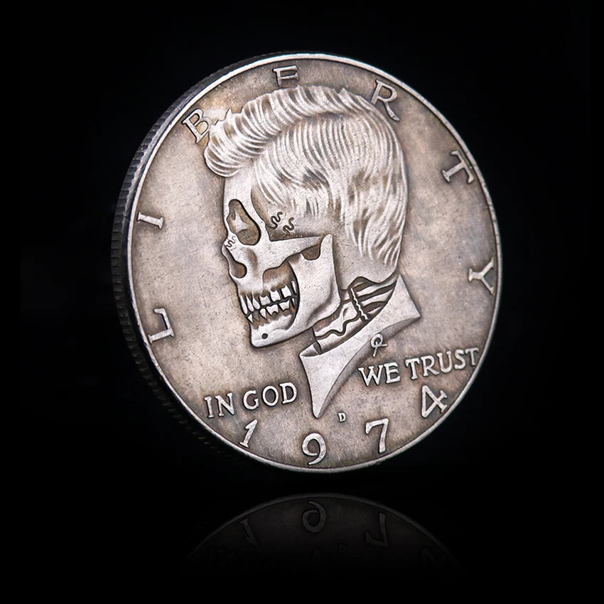 

2Pcs Crafts Stray Coin Silver Dollar 1974 Kennedy Silver Half Dollar Skull Zombie Decorative Coins Home Decoration Dropshipping