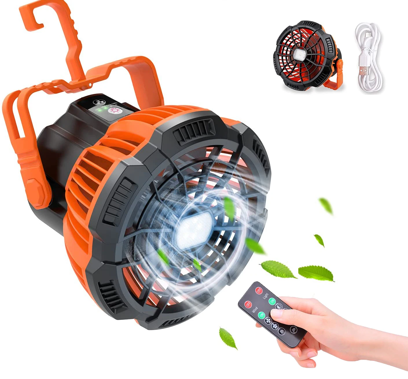 7800mAh Camping Fan with LED Lantern Ceiling Tent Fan with Remote Control Power Bank 180°Head Rotation Outdoor Office (Orange)
