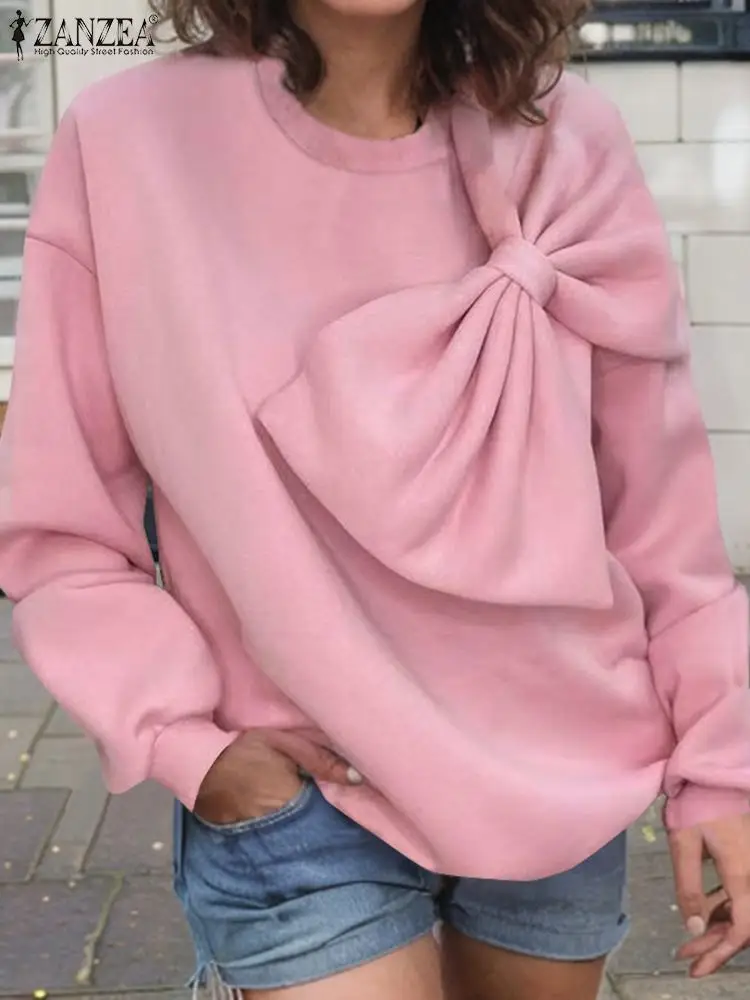 Свитшот ZANZEA женский с бантом Модный пуловер оверсайз длинным рукавом уличная