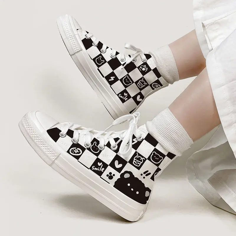 Black And White Canvas Shoes Women's Classic Checked Sneakers Female Plimsolls Woman Autumn Shoe Girl Trainers High Top Sneaker