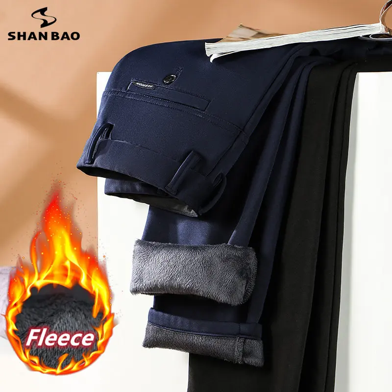

SHAN BAO 2021 Winter Brand Classic Fitted Straight Stretch Pants Fleece Thick Warm Business Casual Men's High Waist Slim Pants