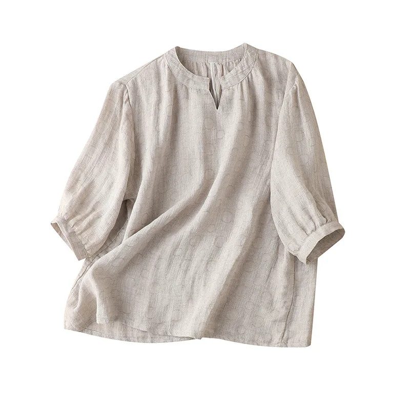 

2022 Spring Summer Short Sleeve Shirt Women Flax Polka Dot Vintage Linen V-Neck Casual Shirts Dropshipping Blouse