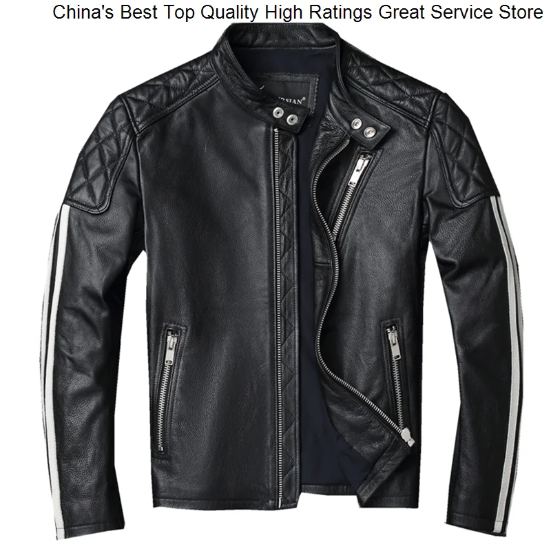 

Jacket 2023 New Fashion Men 100% Genuine Cowhide Coat White Stripes Cool Biker Slim Short Autumn Leather Clothing