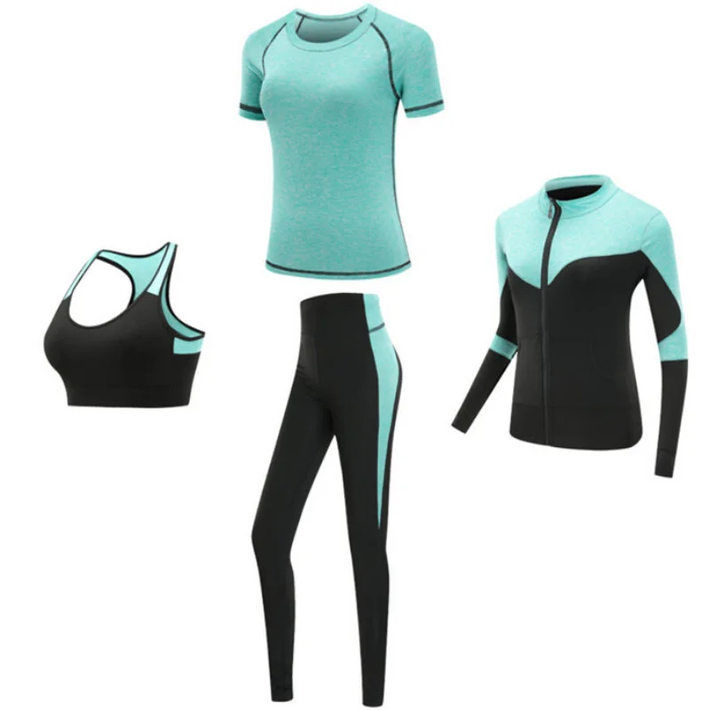 

Quick Dry Women Sportswear 4 Szt. Zestaw Fitness Gym Yoga Odzież Garnitur Zestawy Płaszcz + Biustonosz + Koszulka + Legginsy