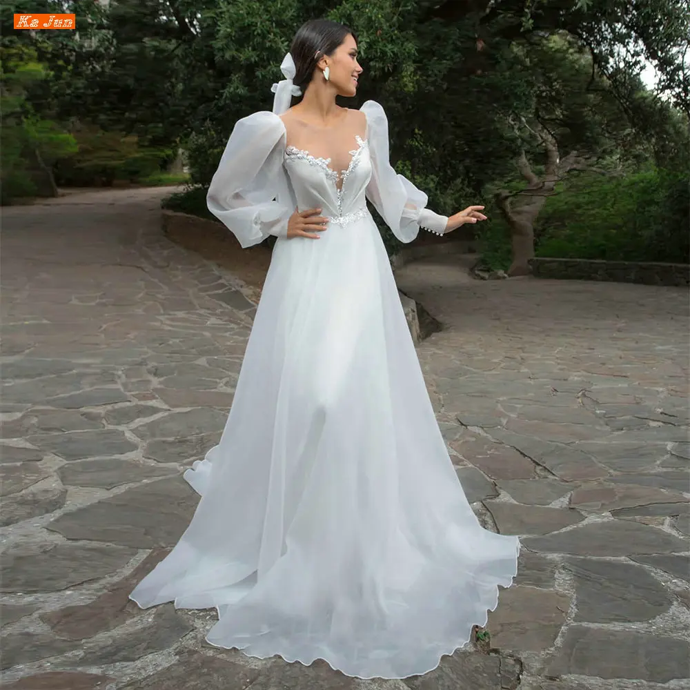 

KA JUN O Neck Puffy Sleeves Wedding Dress Robe De Mariée Appliques Sequins Boho A Line Backless Bridal Gown Vestidos De Noiva