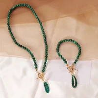 fashion exaggerated baroque abnormity imitation pearl drip green leaves necklace fashion retro clavicle malachite beads necklace