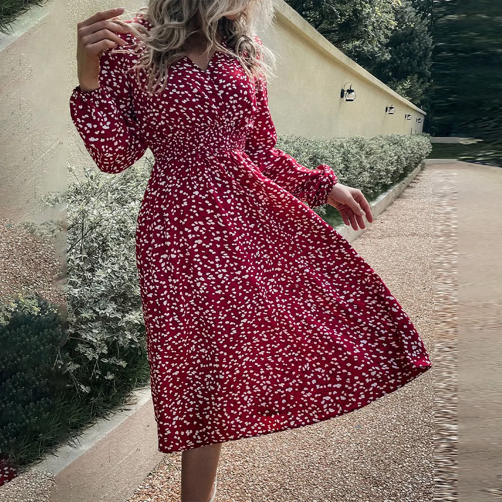 

2022 Spring Summer Bohemian Floral Shirt Dress Sexy V Neck Lantern Sleeve Swing Mini Dress Elegant Casual Beach Sundress Robe