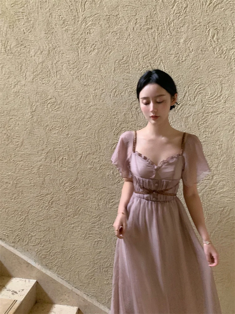 

2022 Fashion Women Rose Powder Long Dress Vintage Women's Wear Aesthetic Summer Fairy Sweet and ElegantTemperament Party Dress