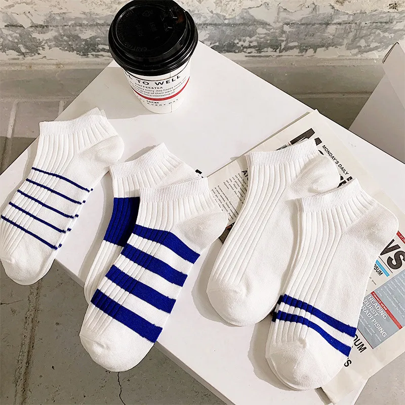 

Dreamlikelin Spring Summer 5 Pairs Male Striped Socks Cotton White Short Socks for Men Set Sport Sneakers Low Ankle Sox Men Gift