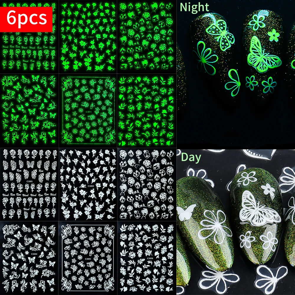 6/12 шт. светящиеся наклейки для ногтей с бабочками и снегами 3D цветы в темноте