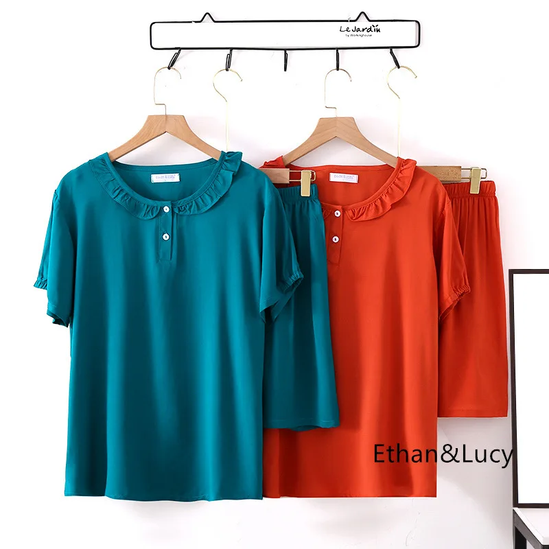 

Newest Summer Cotton Viscose Ladies Short-sleeved Sleep Tops with Five-point Shorts Pajamas Homewear Two Piece Set Summer