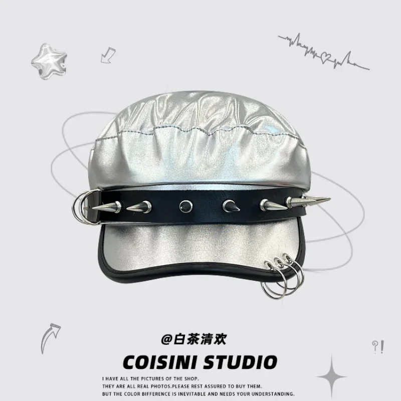 Кепка-берет Серебристая с заклепками в стиле панк