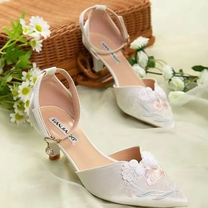 

2022 pearl mesh bow modern sandals women's summer shoes women's high heels cut stiletto pointed toe sandals wedding shoes bride