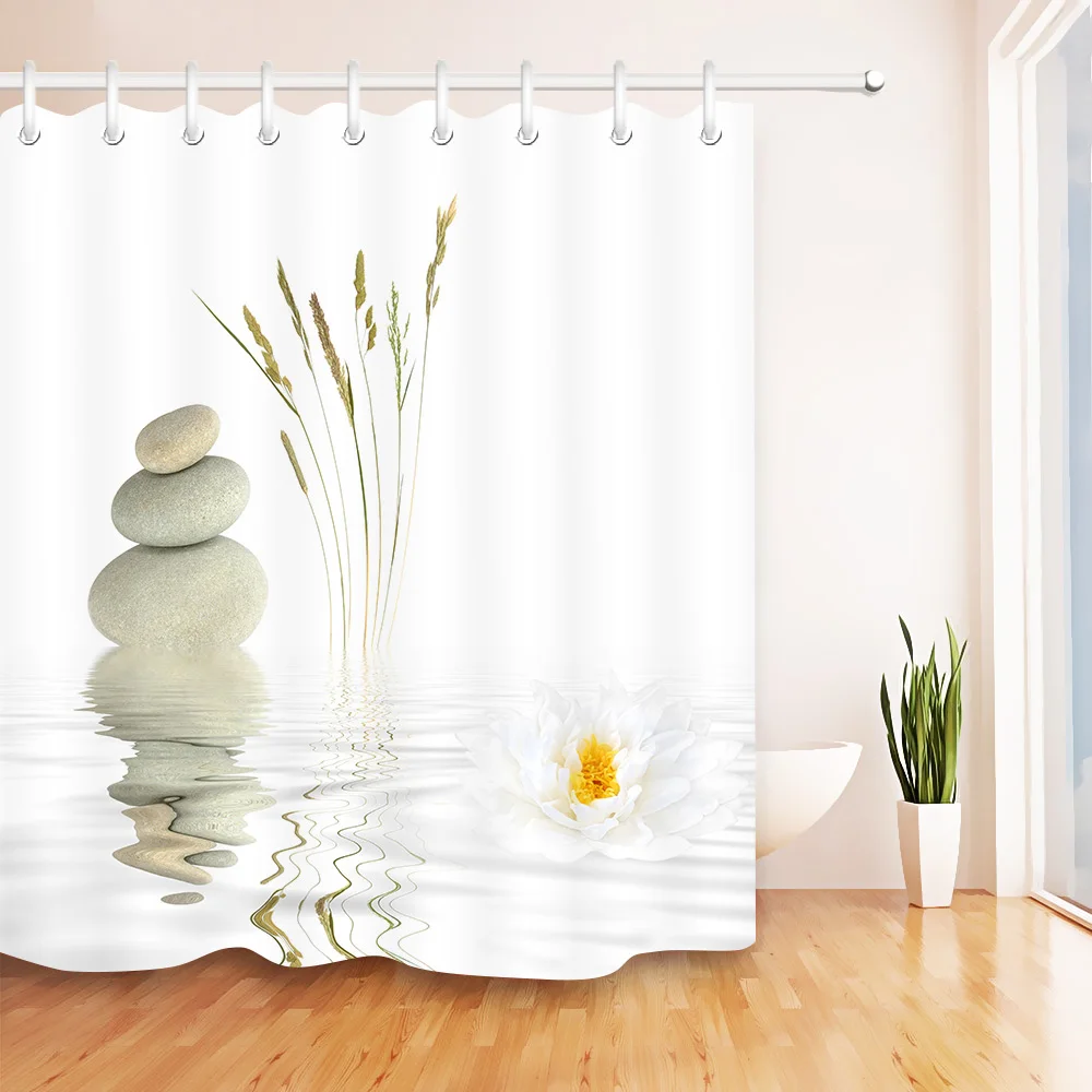 

Stones And White Lotus in Water Shower Curtain Zen SPA White Bathroom Waterproof Extra Long Polyester Fabric for Bathtub Decor