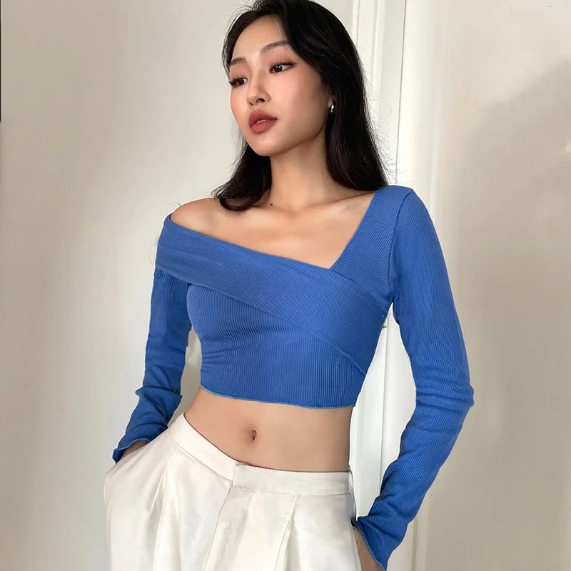 

Women's New Autumn 2022 Off Shoulder Long Sleeve Solid Open Navel Blouse Crop Tops Sexy Female Spring Blouse T-Shirts Clothing