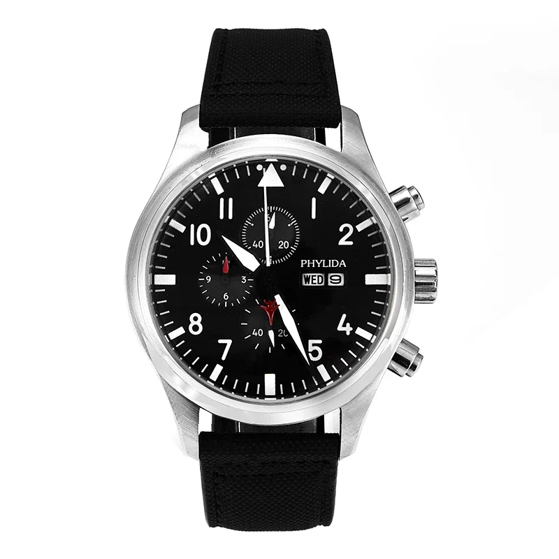 

NEW High quality 5ATM MIYOTA Black 45mm Pilot Watch Chrono Day/Date Domed Sapphire Crystal Leather Strap