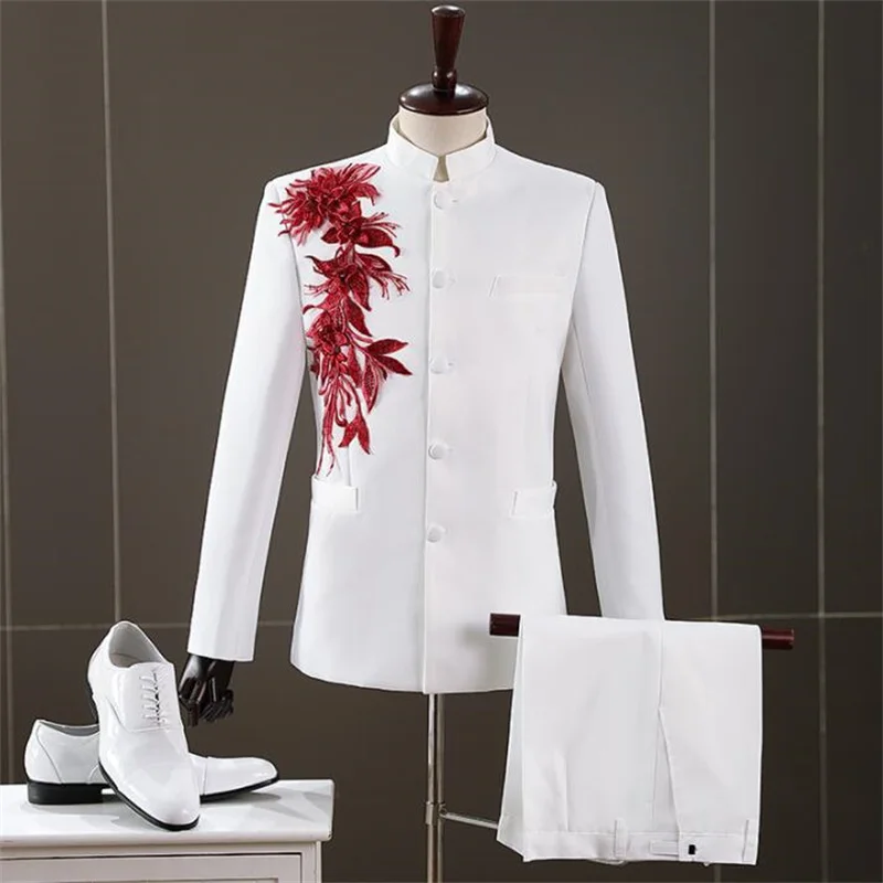

Chinese tunic suit men's three-dimensional flower sequins jackets chorus costume embroidery blazers singer host white fashion