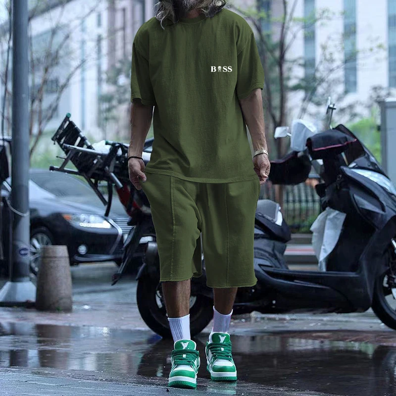 Summer Hot Sale Solid Color men's Street Trendy men's Casual Two-piece Short-Sleeved T-shirt + Loose Shorts