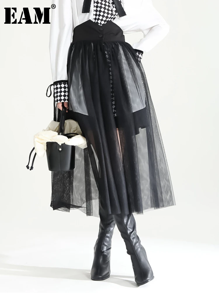 

[EAM] High Waist Black Mesh Spliced Perspective Long Elegant Half-body Skirt Women Fashion Tide New Spring Autumn 2022 1DF0726