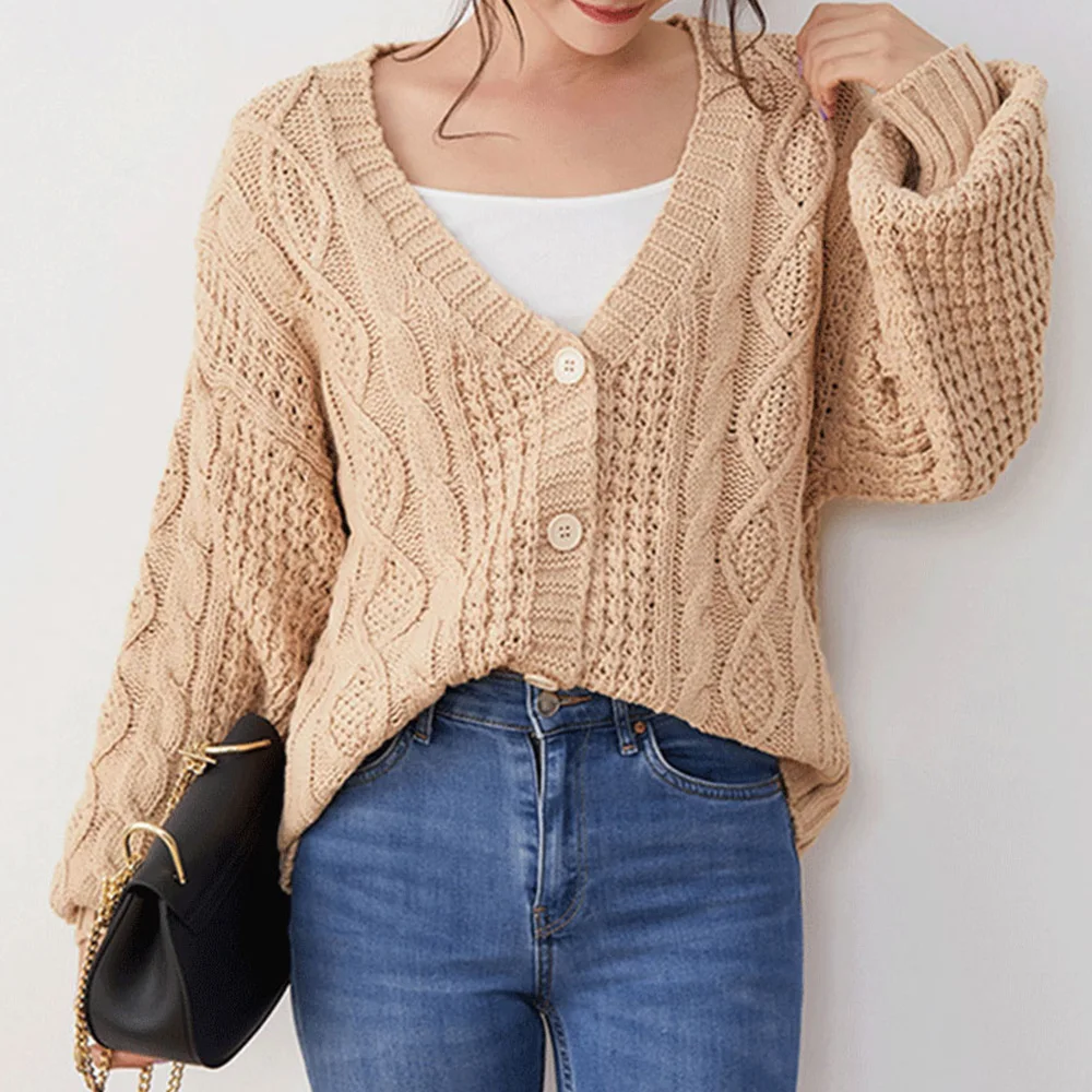 

Women Khaki Cardigan Button Single-Breasted Twist Knit Sweater Casual Fashion Plain V-Neck Lazy Tops Spring Autumn Lazy Loose