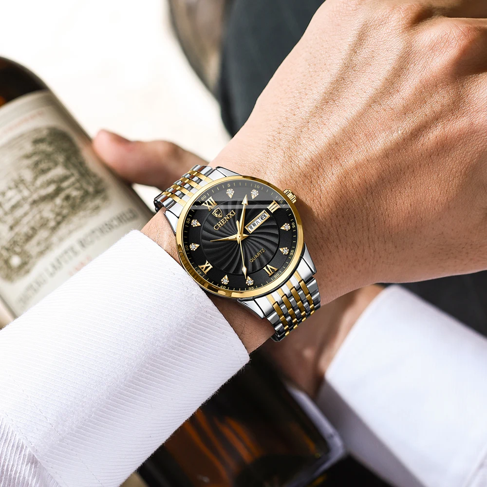 New Couple Watch CHENXI Stainless Steel Watch For Men Business Waterproof Watches Women With Week Calendar His Hers Watch Sets