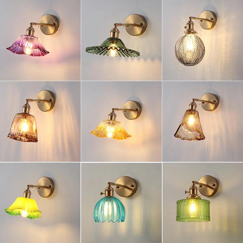 

Japanese Retro Brass Glass Wall Lamps Simple Modern Bedroom Bedside Aisle Nordic Creative Background Wall Light