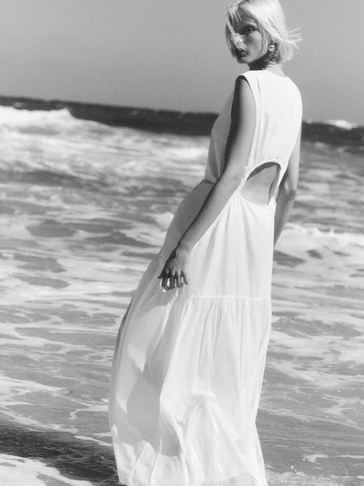 

CS White+Navy Blue 2023 Summer Fashion New Products Comfortable Slim Ladies Robe Pleated Layered Stitching Dress