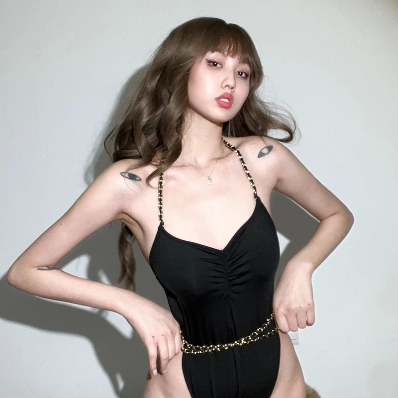 

#Sisjuly# sexy chain niche sling Jumpsuit women's figure versatile Spice Girl backless sling top