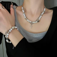 personality trend cross pearl double layer necklace ins wind net red design sense collarbone chain temperament accessories women