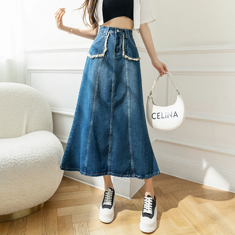 

Mermaid Jeans Skirt Women 2022 Summer High Waist Tassel Pockets Blue Vintage Denim Long Skirts Elegant Faldas