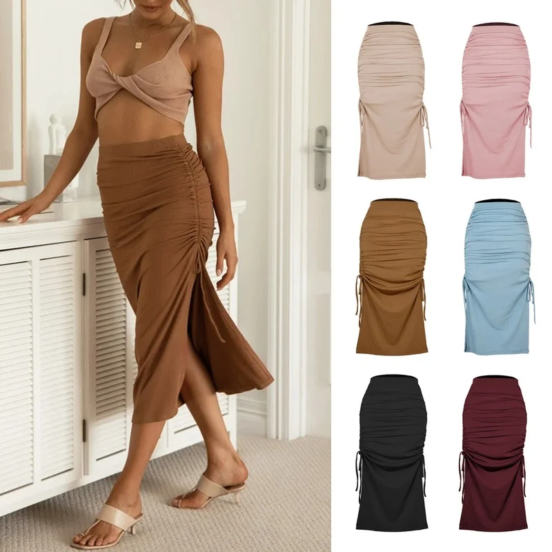 

2023 Summer Split Knitted Slim Skirt Fashion Pleated Lace Sexy Hip-lifting Long Skirt Women's Clothing